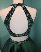 Halter Beaded Green Satin Two Piece Homecoming Dress Short Prom Dress PD358