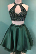 Abito da Homecoming Due Pezzi in Satin Verde con Perline e Spalline a Fascia - Abito Corto da Ballo PD358