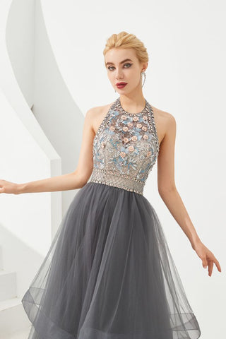 Neckholder Perlenbesatz Aline Tüll Lagen Ballkleid Ärmelloses Abendkleid