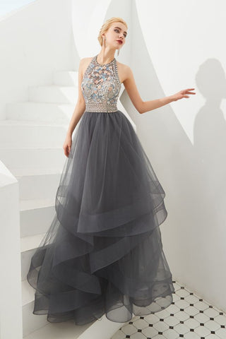 Neckholder Perlenbesatz Aline Tüll Lagen Ballkleid Ärmelloses Abendkleid