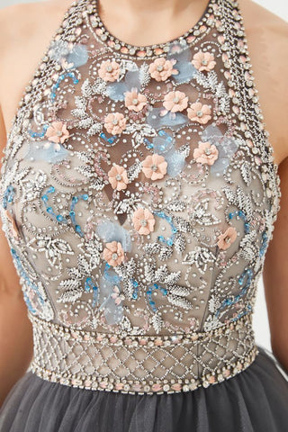 Neckholder Perlenbesatz Aline Tüll Lagen Ballkleid Ärmelloses Abendkleid