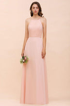 Halter Bridesmaid Dress Pink Floor Length Formal Event Dress