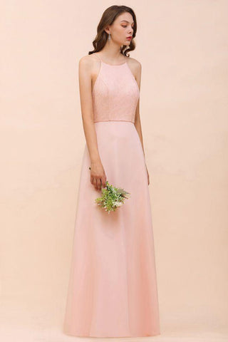 Neckholder-Brautjungfernkleid, rosa, bodenlang, formelles Eventkleid