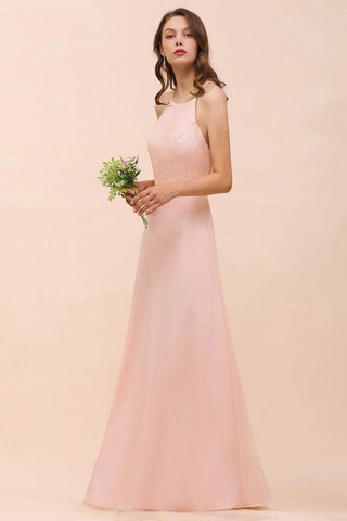 Neckholder-Brautjungfernkleid, rosa, bodenlang, formelles Eventkleid