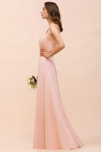Halter Bridesmaid Dress Pink Floor Length Formal Event Dress