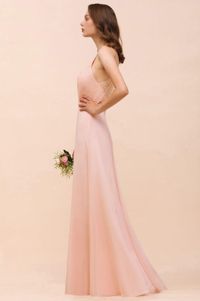 Halter Bridesmaid Dress Pink Floor Length Formal Event Dress