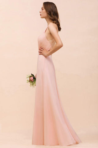 Neckholder-Brautjungfernkleid, rosa, bodenlang, formelles Eventkleid