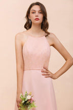 Halter Bridesmaid Dress Pink Floor Length Formal Event Dress