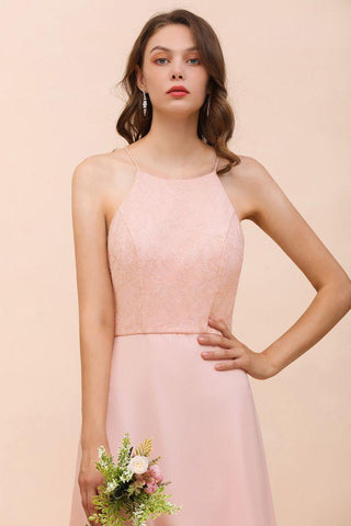 Neckholder-Brautjungfernkleid, rosa, bodenlang, formelles Eventkleid