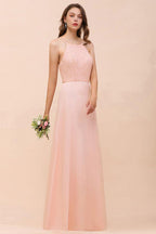 Halter Bridesmaid Dress Pink Floor Length Formal Event Dress