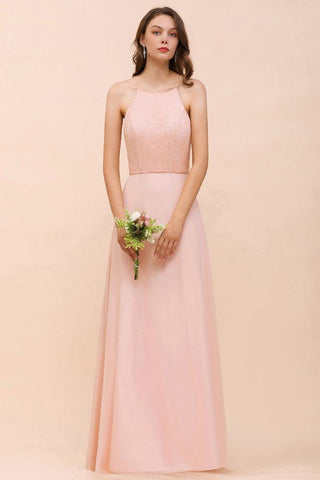 Neckholder-Brautjungfernkleid, rosa, bodenlang, formelles Eventkleid