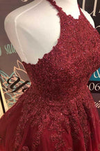 Halter Burgundy Lace A-Line Cute Backless Homecoming Dress    PD373
