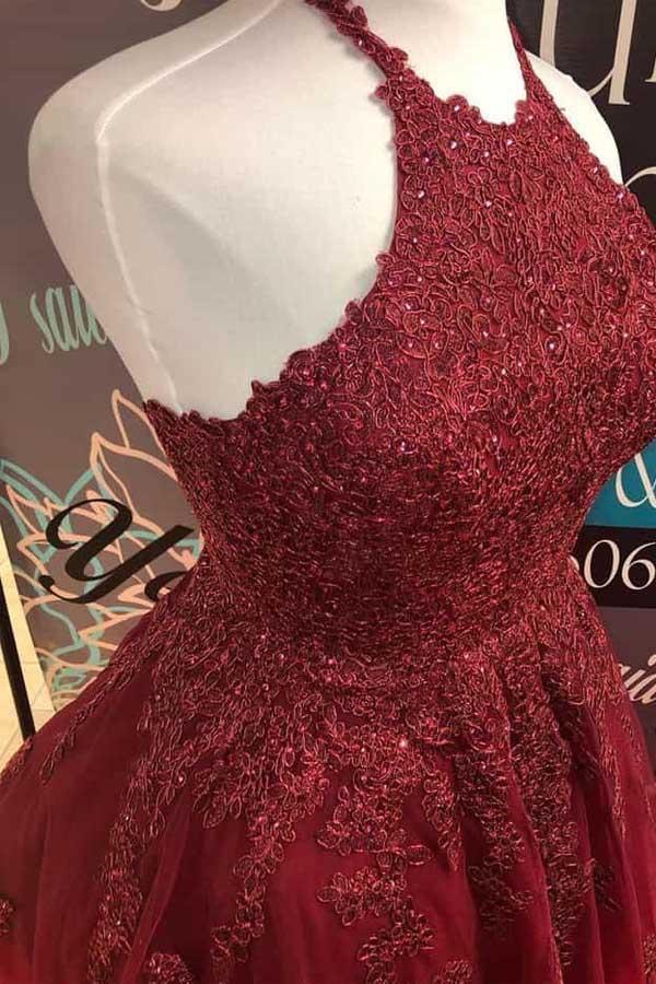 Halter Burgundy Lace A-Line Cute Backless Homecoming Dress    PD373