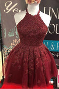Robe de bal de promo mignonne dos nu en dentelle bordeaux ligne A PD373