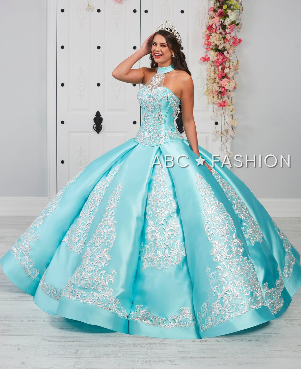 Embroidered Halter Quinceanera Dress by LA Glitter 24057