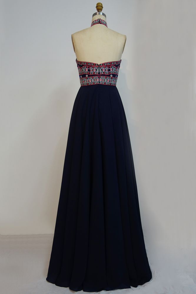 Neckholder Bodenlang A-Linie Bestickte Blumen Schwarze Ballkleider