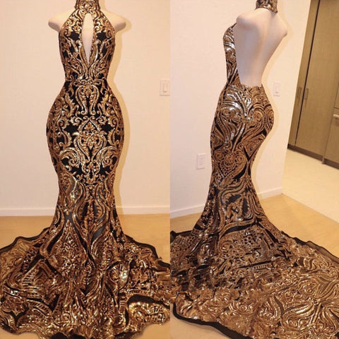 Long Open Back Halter High Neck Mermaid Prom Dress with Gold Appliques