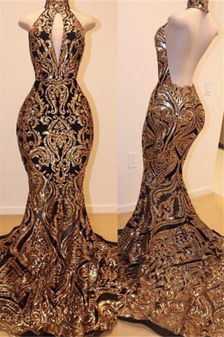 Long Open Back Halter High Neck Mermaid Prom Dress with Gold Appliques
