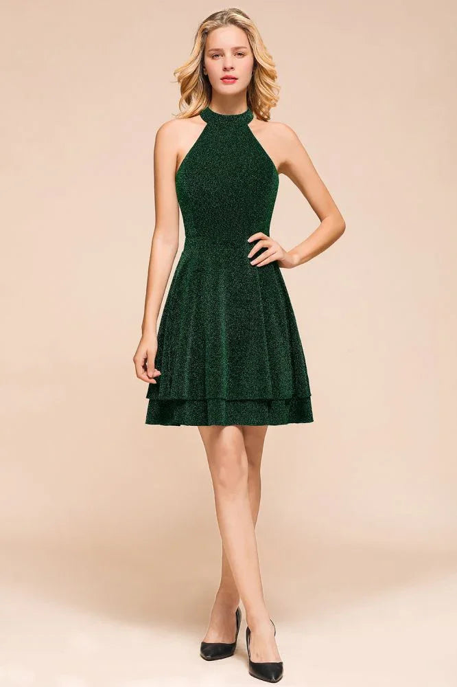 Halter Kniebundlanges Homecoming-Kleid Ärmelloses Dunkelgrün Knallig Seide Abendkleid