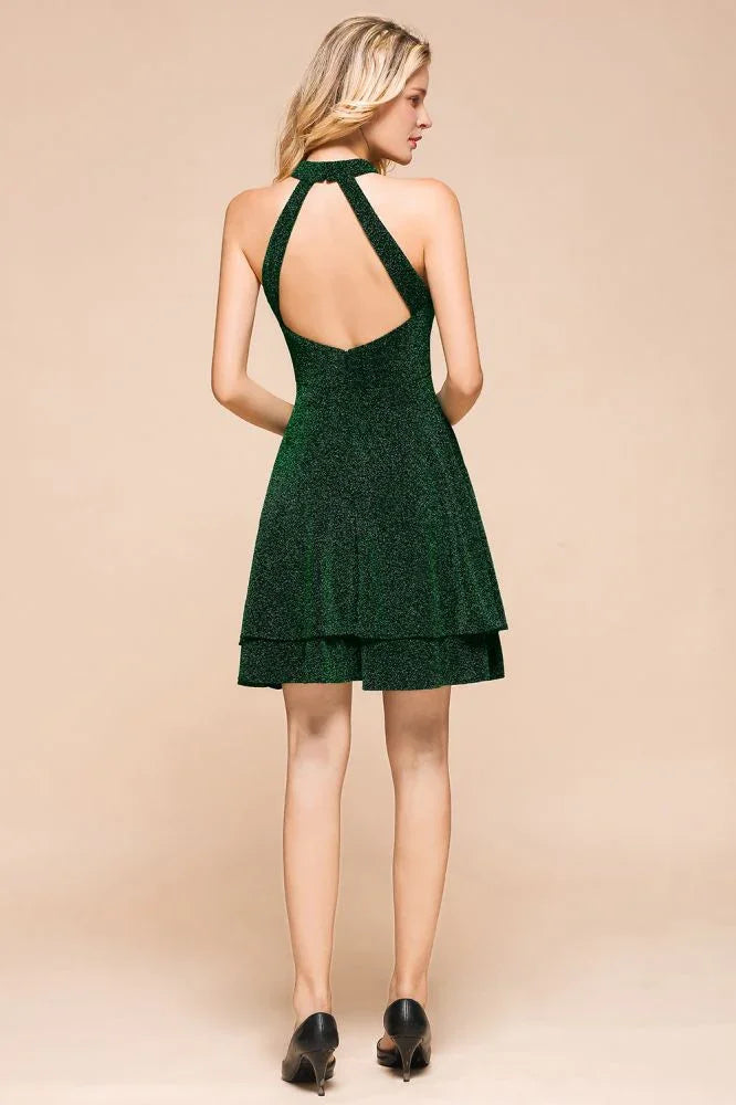 Halter Kniebundlanges Homecoming-Kleid Ärmelloses Dunkelgrün Knallig Seide Abendkleid