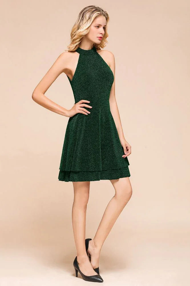 Halter Kniebundlanges Homecoming-Kleid Ärmelloses Dunkelgrün Knallig Seide Abendkleid