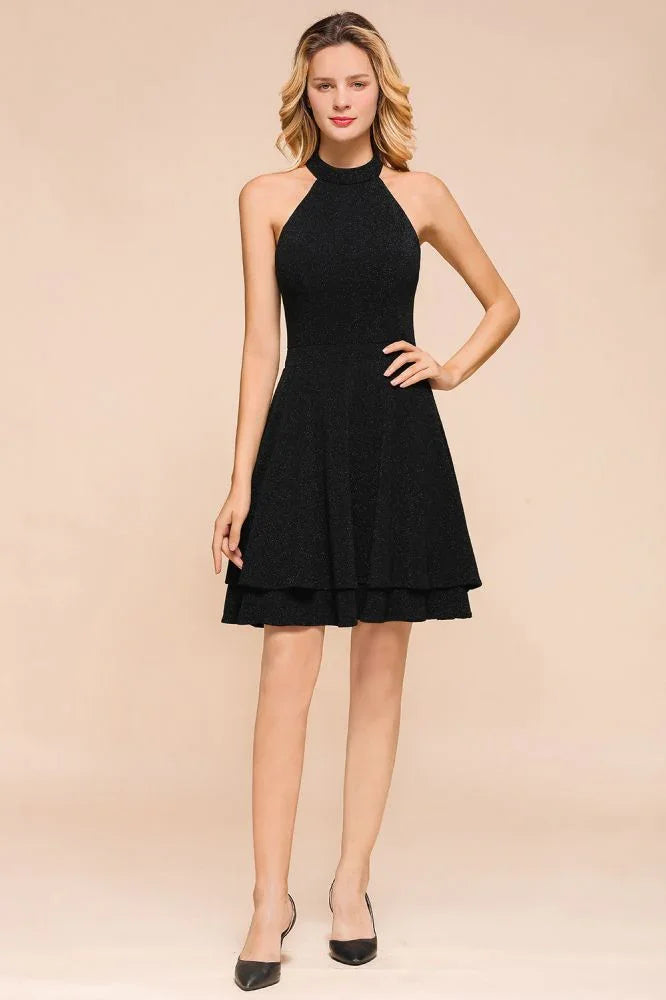 Halter Kniebundlanges Homecoming-Kleid Ärmelloses Dunkelgrün Knallig Seide Abendkleid