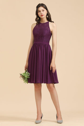 Neckholder-Brautjungfernkleid aus Spitze, ärmelloses Chiffon-Kurzkleid 