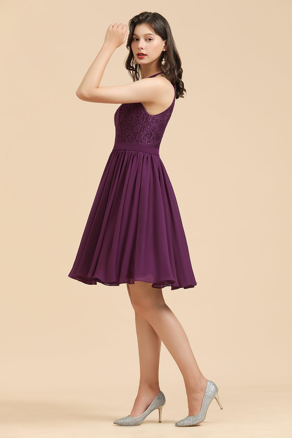 Halter Lace Bridesmaid Dress Chiffon Sleeveless Short Dress
