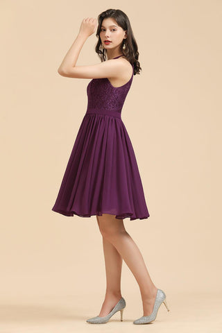 Neckholder-Brautjungfernkleid aus Spitze, ärmelloses Chiffon-Kurzkleid 
