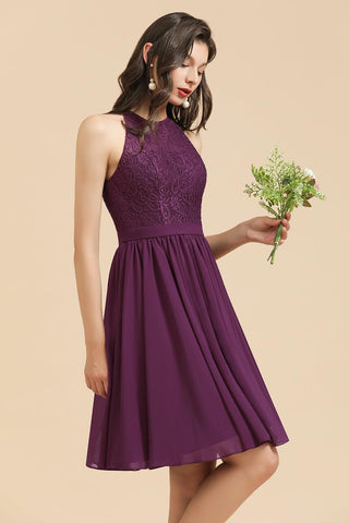 Neckholder-Brautjungfernkleid aus Spitze, ärmelloses Chiffon-Kurzkleid 