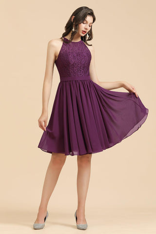 Neckholder-Brautjungfernkleid aus Spitze, ärmelloses Chiffon-Kurzkleid 