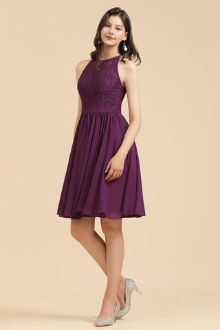 Neckholder-Brautjungfernkleid aus Spitze, ärmelloses Chiffon-Kurzkleid 