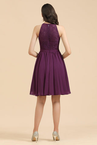 Neckholder-Brautjungfernkleid aus Spitze, ärmelloses Chiffon-Kurzkleid 
