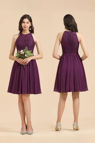 Neckholder-Brautjungfernkleid aus Spitze, ärmelloses Chiffon-Kurzkleid 