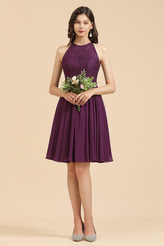 Neckholder-Brautjungfernkleid aus Spitze, ärmelloses Chiffon-Kurzkleid 