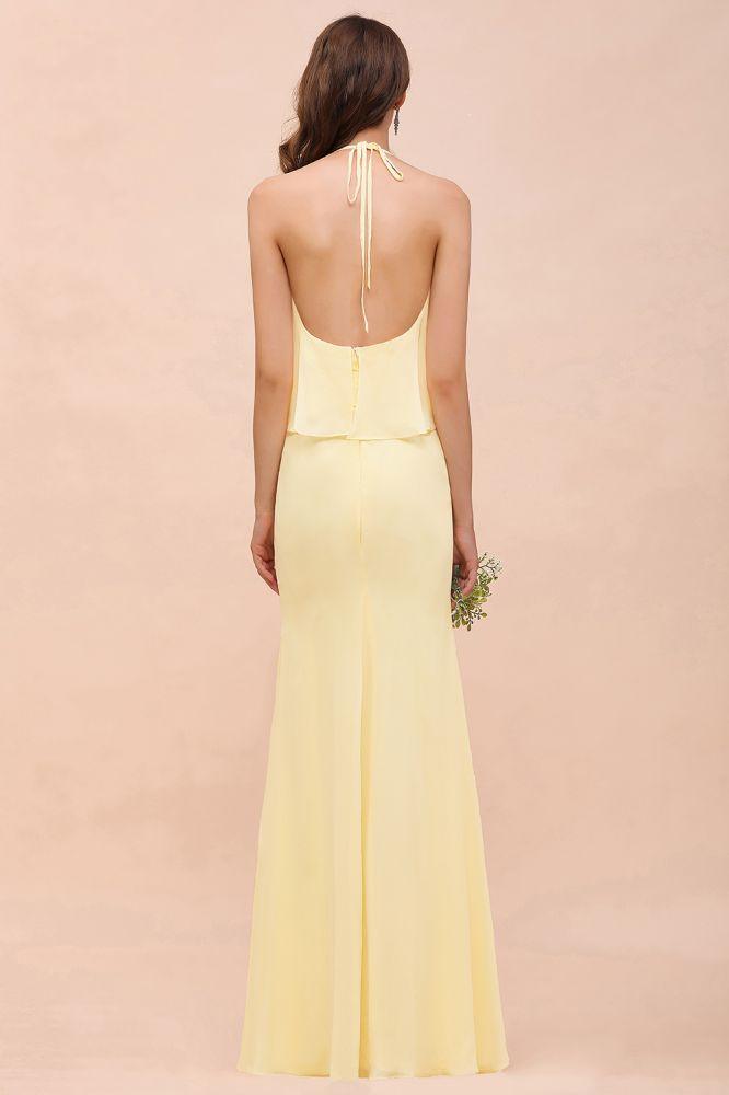 Vestido de dama de honor sereia com alças finas e chiffon, comprimento até ao chão, amarelo, para casamento na praia