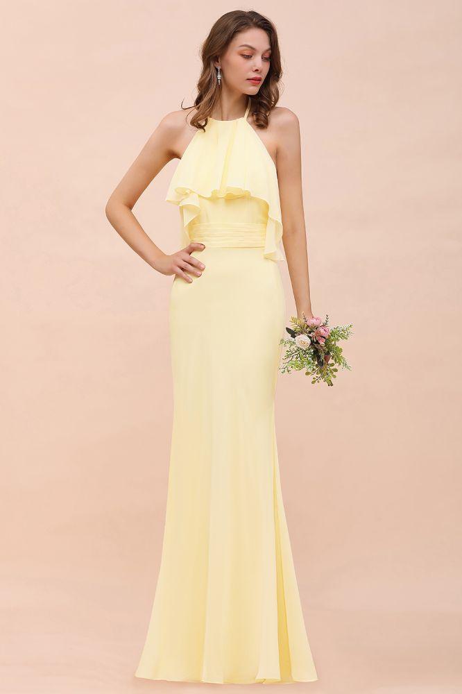 Halter Mermaid Chiffon Girls Bridesmaid Dress Yellow Floor length Beach Wedding Dress
