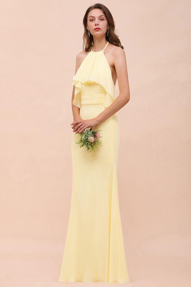 Vestido de dama de honor sereia com alças finas e chiffon, comprimento até ao chão, amarelo, para casamento na praia