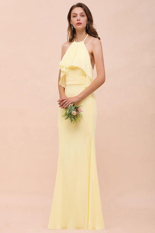 Halfter Meerjungfrau Chiffon Mädchen Brautjungfernkleid Gelb Bodenlang Strand Brautkleid
