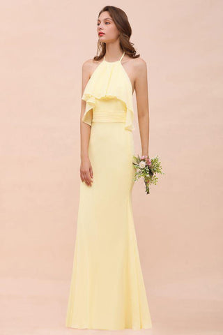 Halfter Meerjungfrau Chiffon Mädchen Brautjungfernkleid Gelb Bodenlang Strand Brautkleid