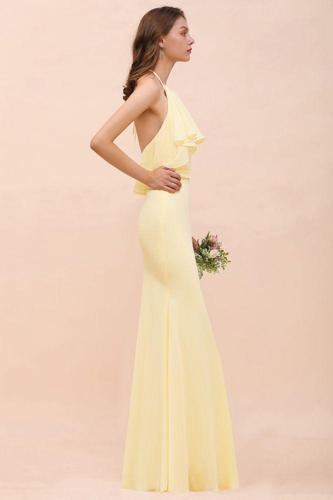 Vestido de dama de honor sereia com alças finas e chiffon, comprimento até ao chão, amarelo, para casamento na praia