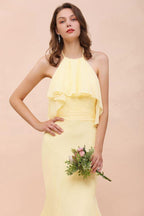 Vestido de dama de honor sereia com alças finas e chiffon, comprimento até ao chão, amarelo, para casamento na praia