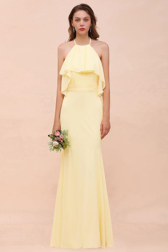 Vestido de dama de honor sereia com alças finas e chiffon, comprimento até ao chão, amarelo, para casamento na praia