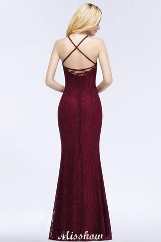 Neckholder Meerjungfrau Abendkleid Bodenlang Spitze Burgund Brautjungfernkleider