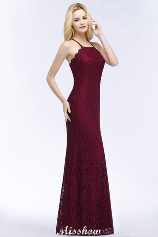 Neckholder Meerjungfrau Abendkleid Bodenlang Spitze Burgund Brautjungfernkleider