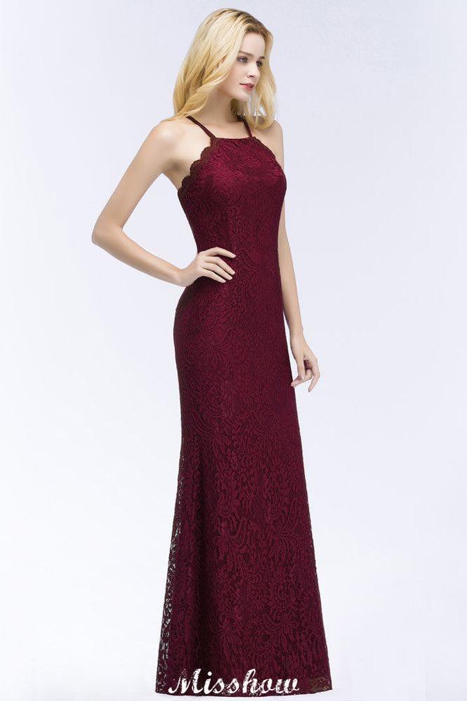 Halter Mermaid Evening Dress Floor Length Lace Burgundy Bridesmaid Dresses