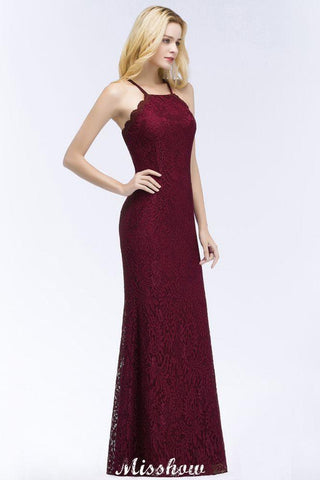 Neckholder Meerjungfrau Abendkleid Bodenlang Spitze Burgund Brautjungfernkleider