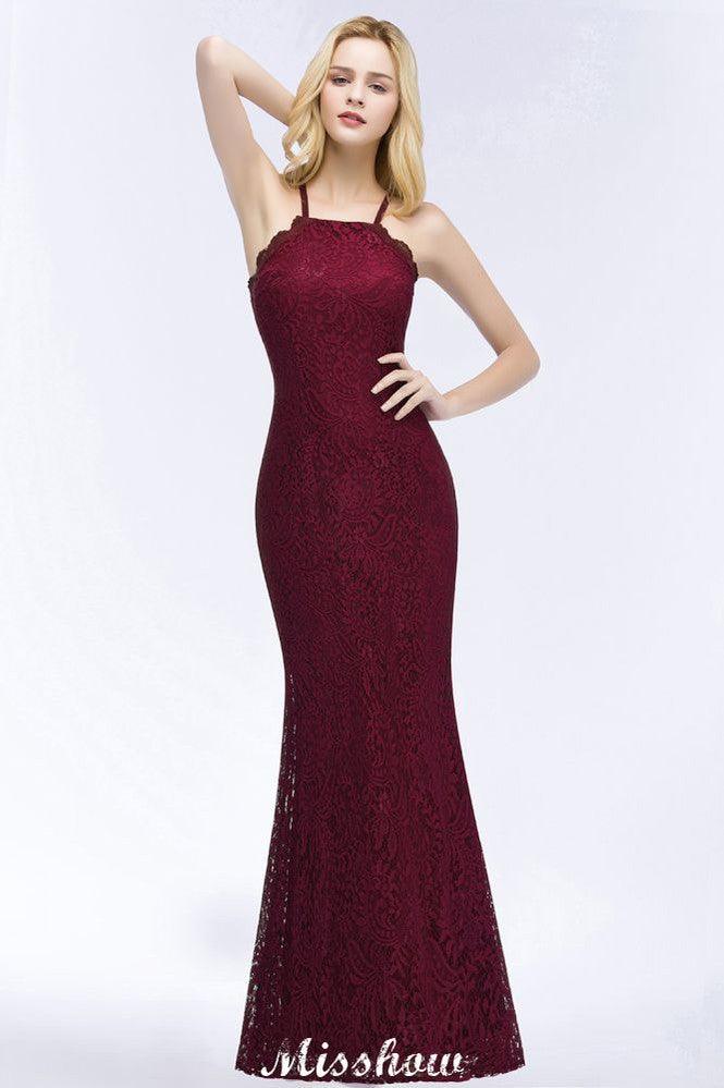 Halter Mermaid Evening Dress Floor Length Lace Burgundy Bridesmaid Dresses