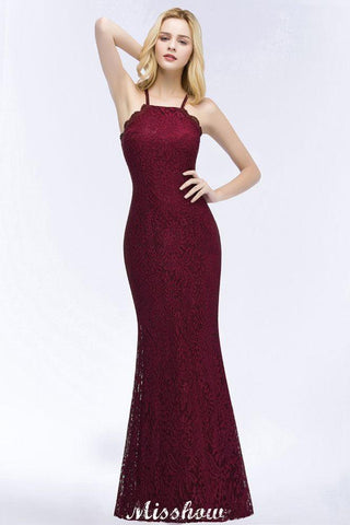 Neckholder Meerjungfrau Abendkleid Bodenlang Spitze Burgund Brautjungfernkleider