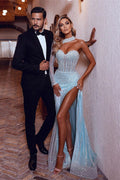 Vestido de Noche Sirena con Tirante al Hombro, Manga Larga, Lentejuelas, Escote de Corazón y Abertura